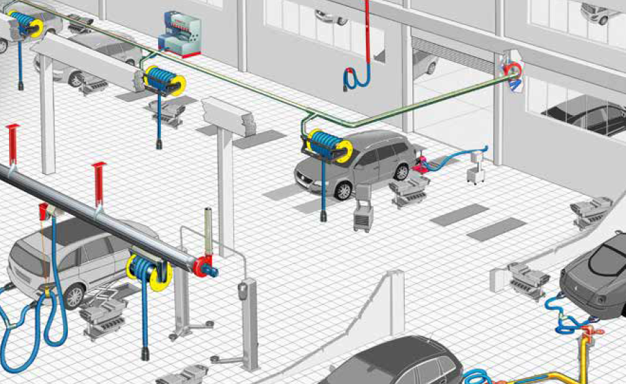Diagram of a vehicle workshop with cars, and featuring wall mounted exhaust systems, hose reels, and a sliding ducted rail system.